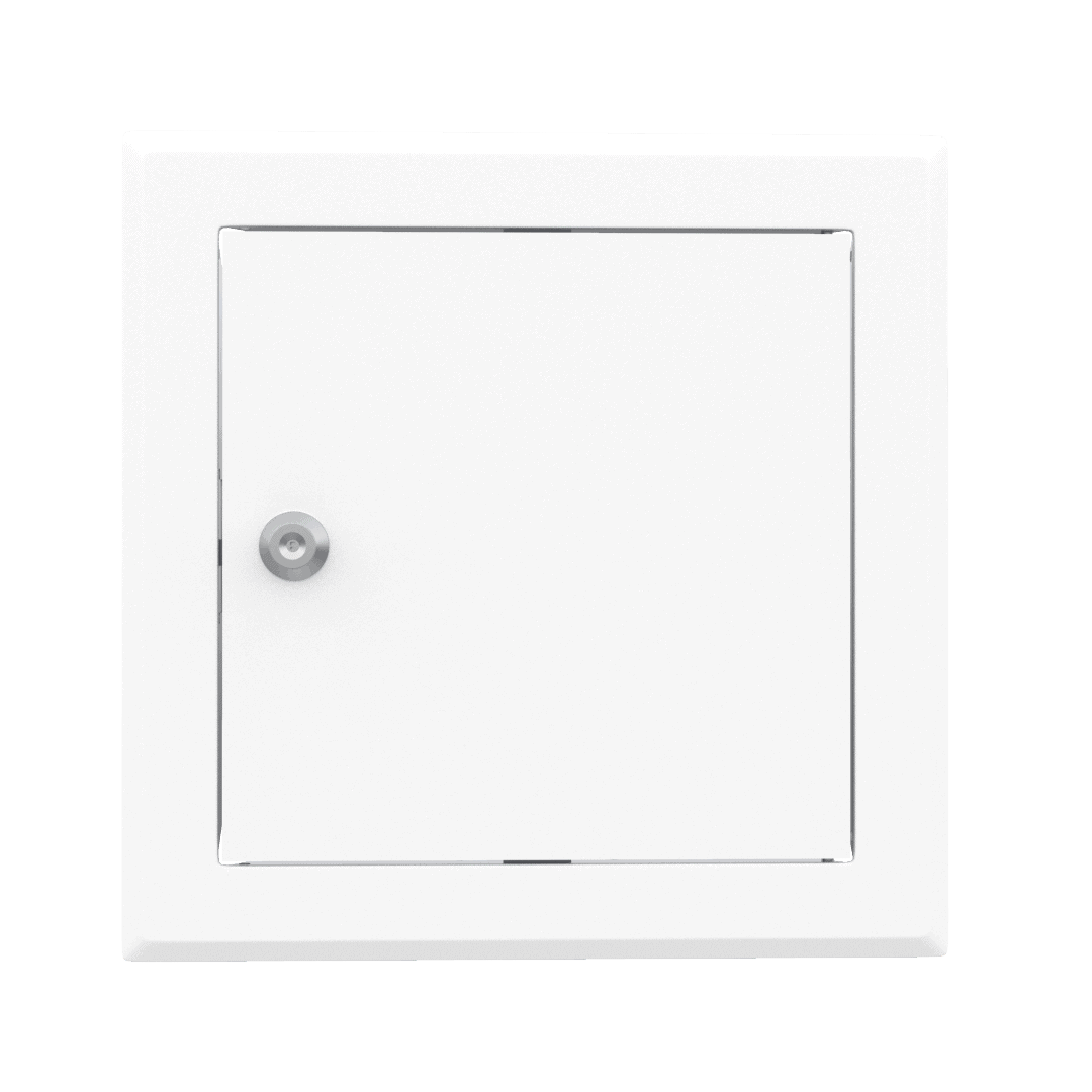 trappe-de-visite-metallique-softline-ouverture-cle-cylindrique-1-1.png Revisionstür Tempo Softline aus Stahlblech, weiß, Öffnung Zylinderschloss, unsichtbare Montage, 150×150 bis 1200×1200 mm